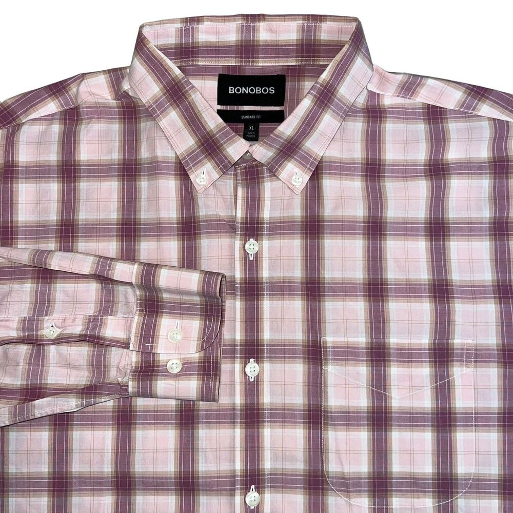 Bonobos Mens Pink Plaid Standard Fit Long Sleeve Button Down Shirt XL